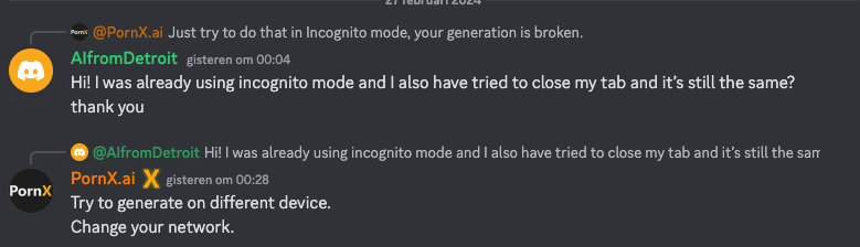 Comment in the discord community and a response from PornX AI